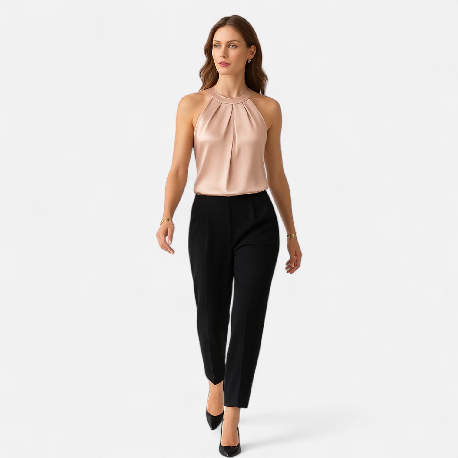 Beige Isabella satin tank top by Lumina Wear featuring elegant pleated and draped design, perfect for stylish casual wear.