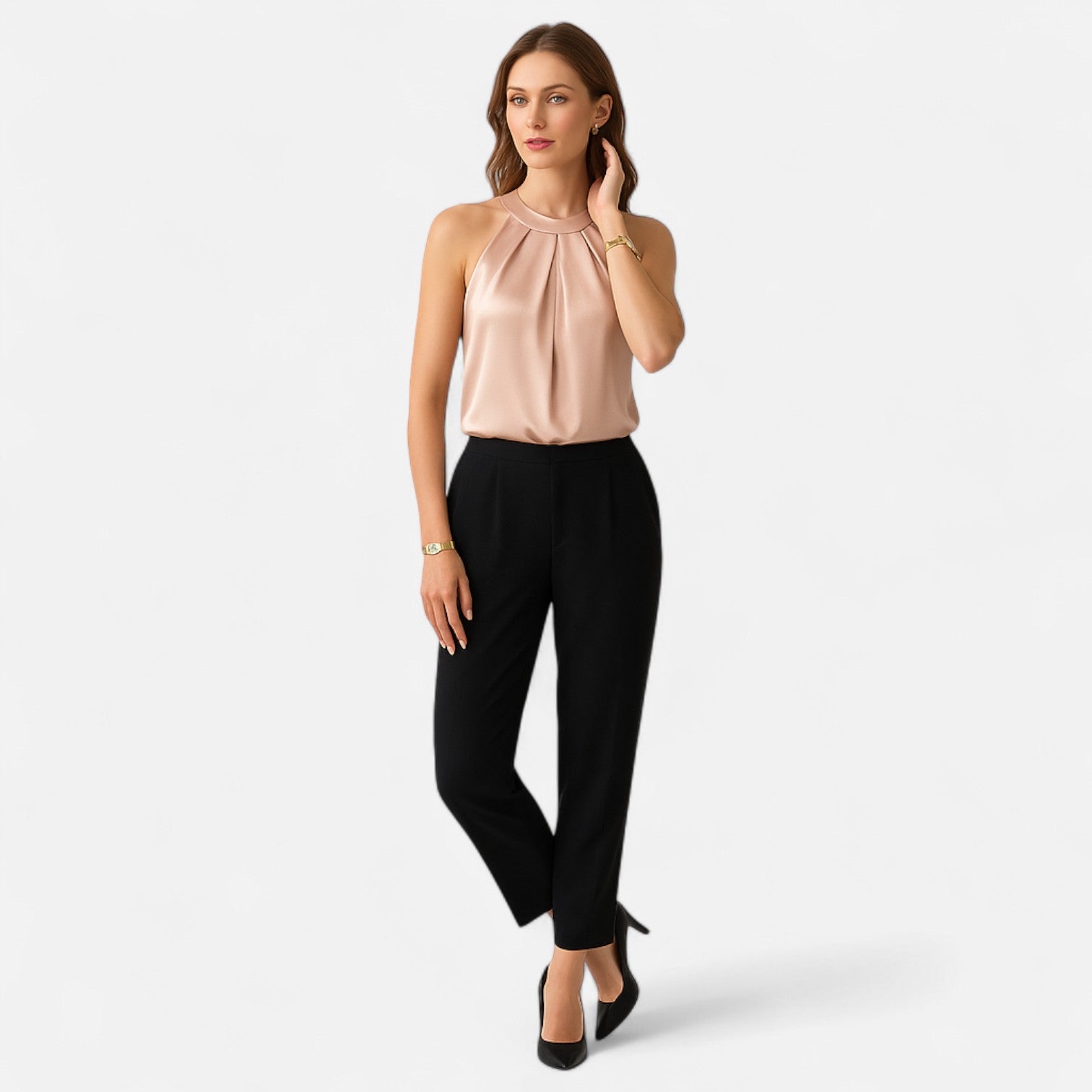 Beige Isabella satin tank top by Lumina Wear featuring elegant pleats and draped design, perfect for stylish casual wear.