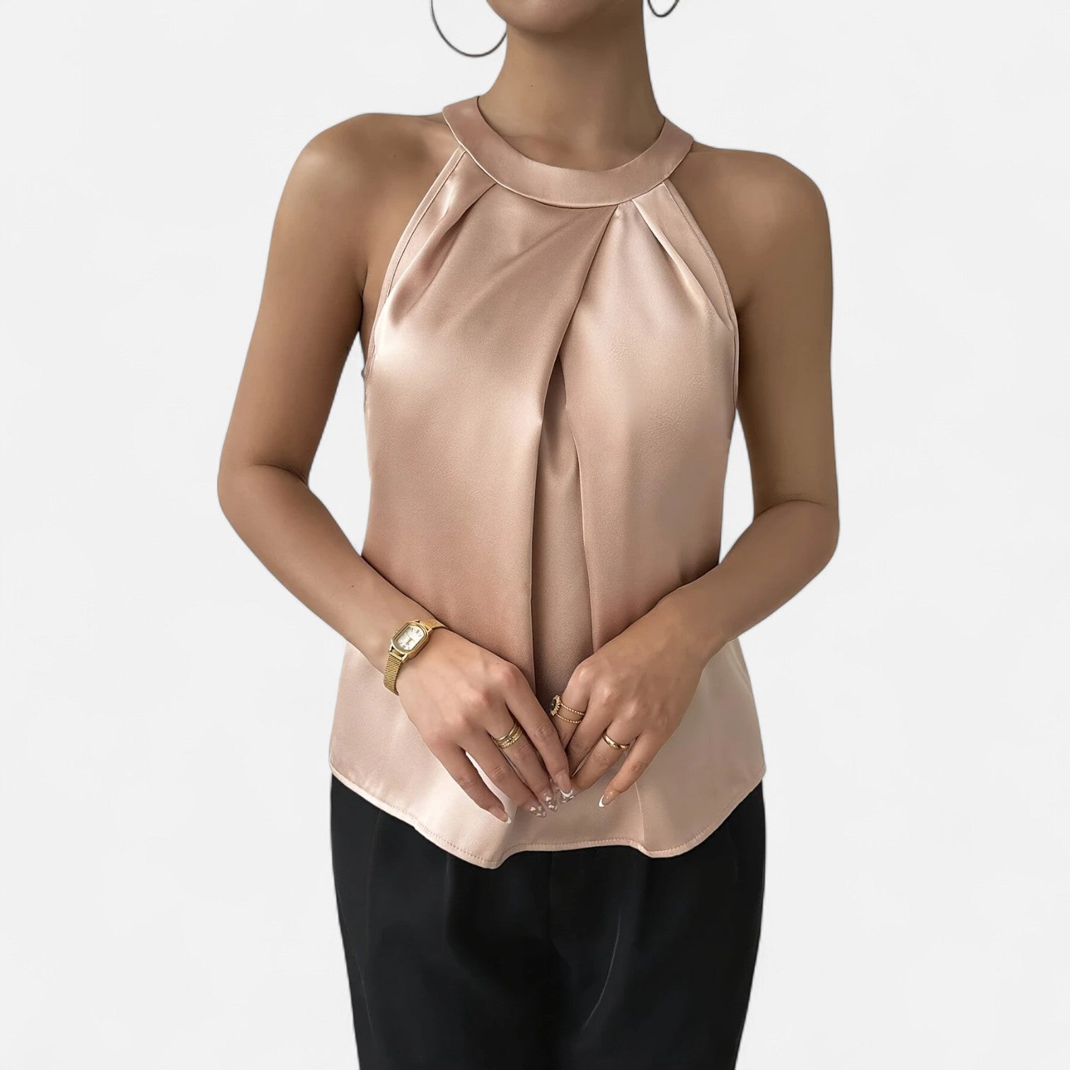 Beige Isabella satin tank top with elegant pleated and draped design by Lumina Wear, shown on a model.