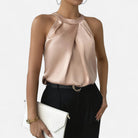 Beige Isabella Lumina Wear satin tank top with elegant pleated draped design, sleeveless, size XS, stylish and comfortable.