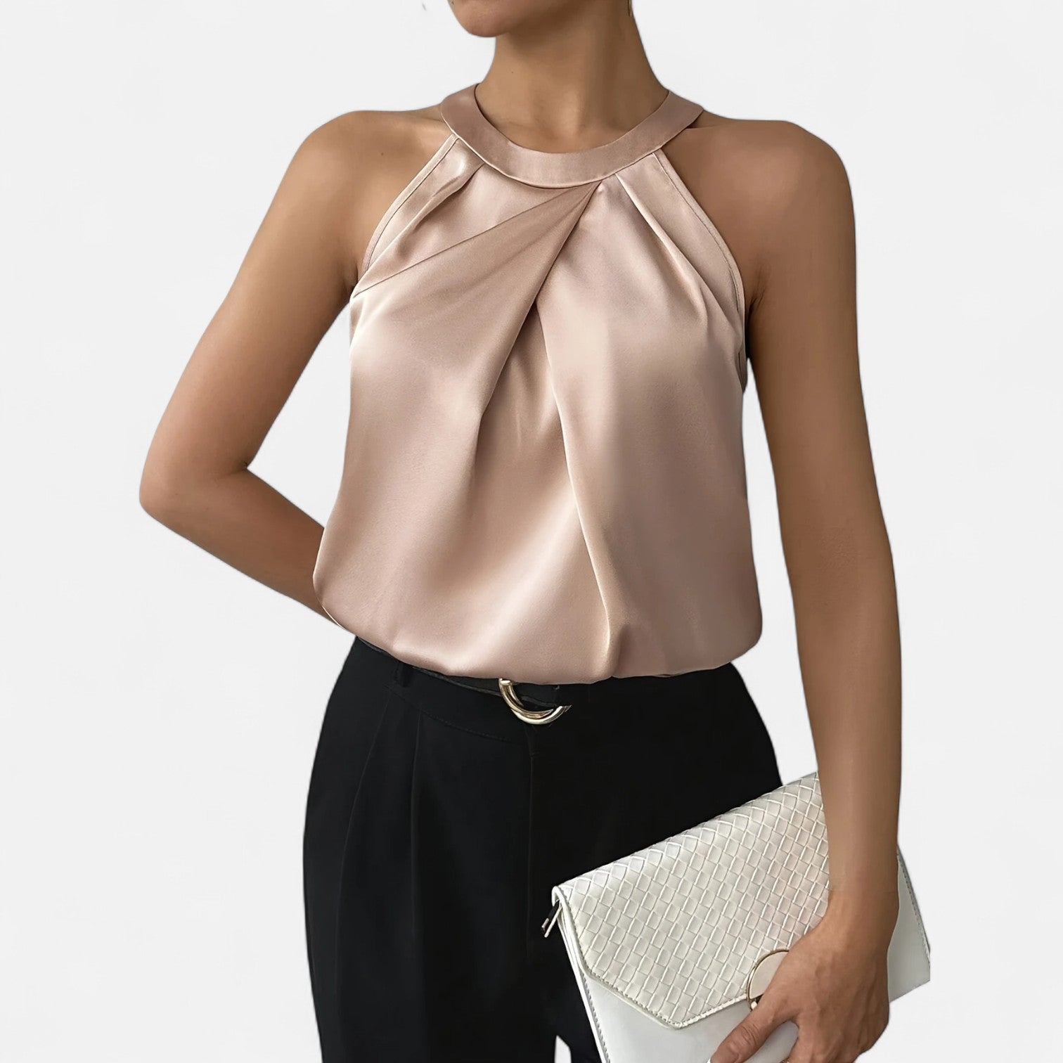 Beige Isabella satin tank top with elegant pleated and draped design by Lumina Wear, sleeveless style, size XS.