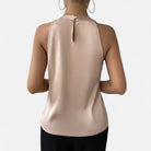 Beige Isabella Lumina Wear elegant pleated draped satin tank top with a stylish fit, perfect for chic casual wear.