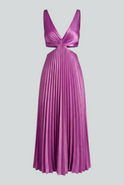 Elegant purple pleated wedding guest dress by Lumina Wear featuring a fluid drape and sophisticated design.
