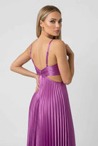 Elegant purple pleated wedding guest dress by Lumina Wear featuring a fluid drape and sophisticated design.