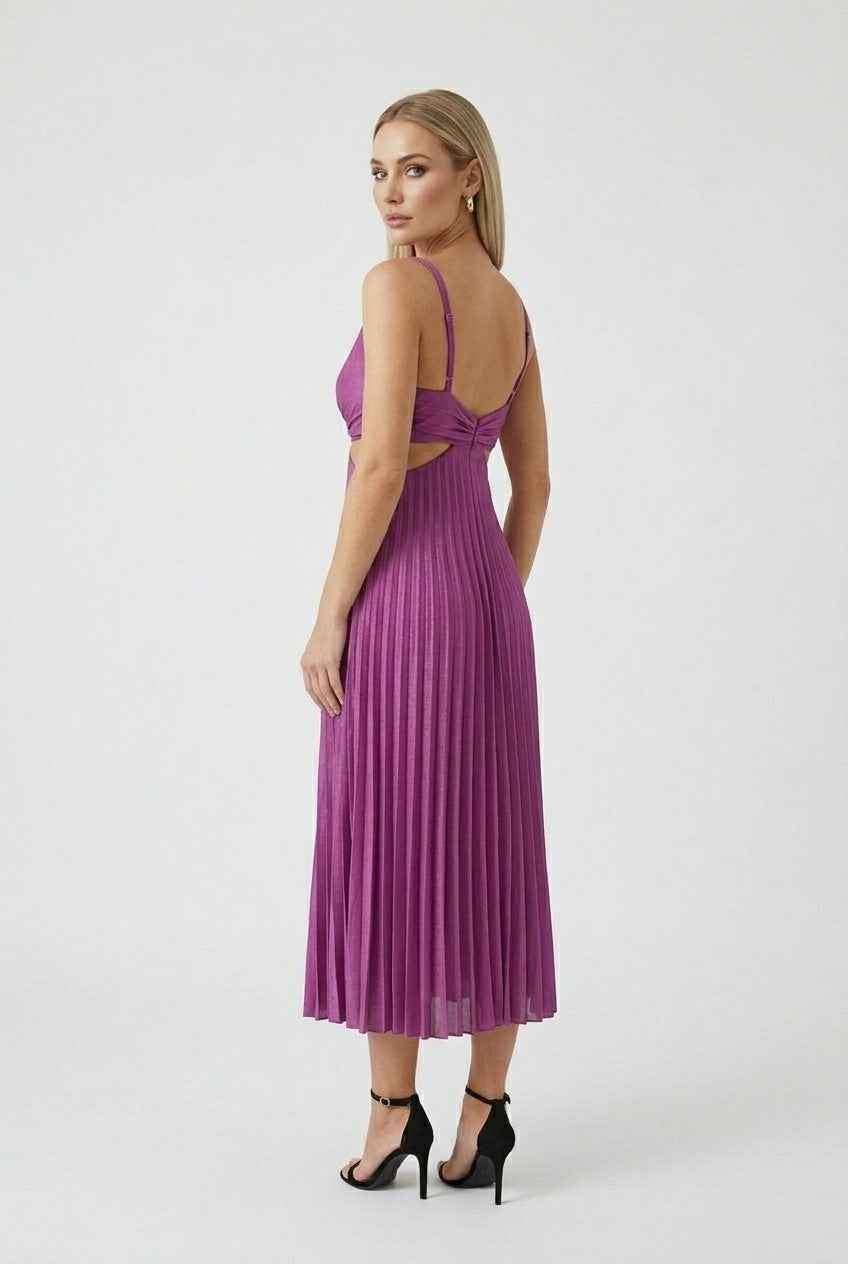 Elegant purple pleated wedding guest dress with fluid drape from Lumina Wear, featuring a stylish and sophisticated design.