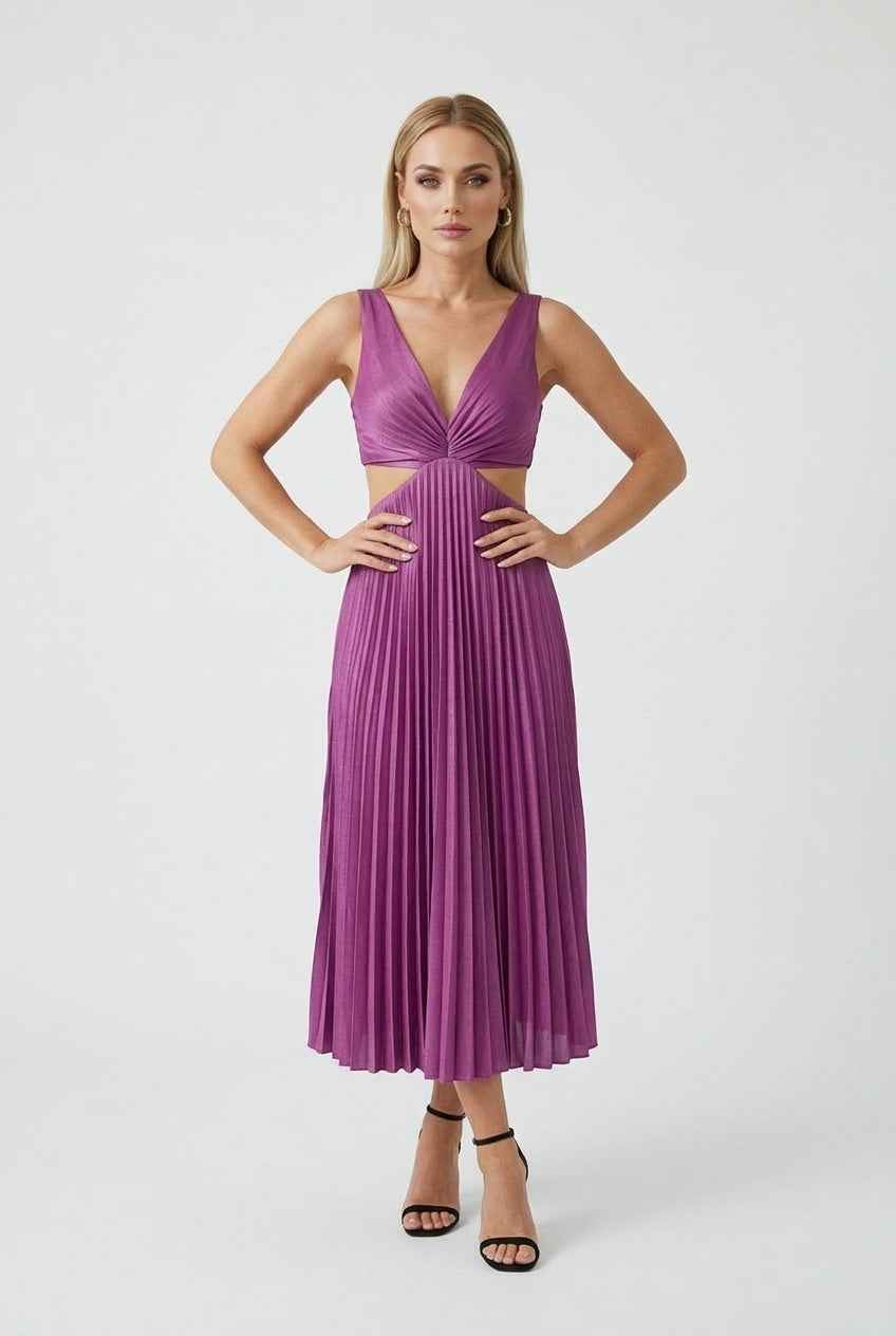 Elegant purple pleated wedding guest dress with fluid drape by Lumina Wear, featuring a flowing silhouette and sophisticated design.