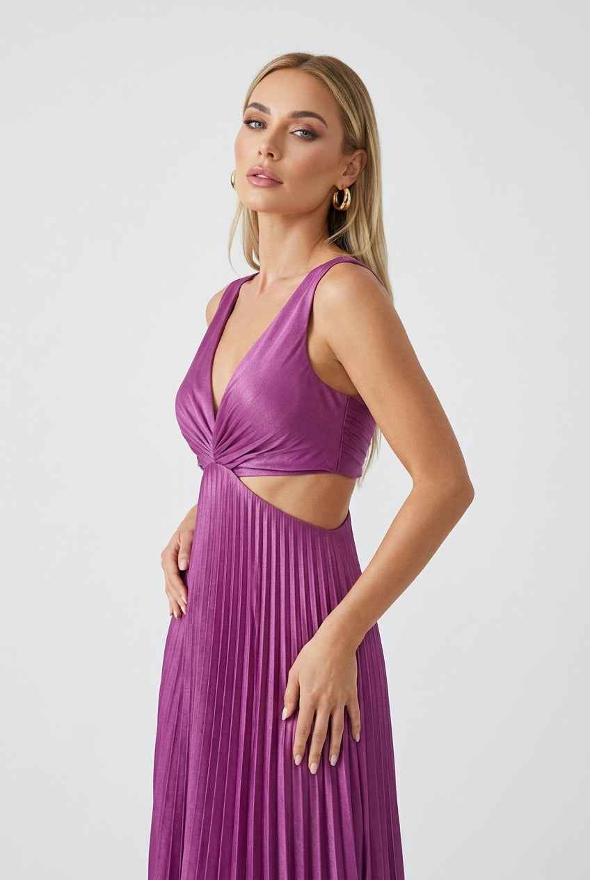 Elegant purple pleated wedding guest dress by Lumina Wear featuring a fluid drape and sophisticated style.