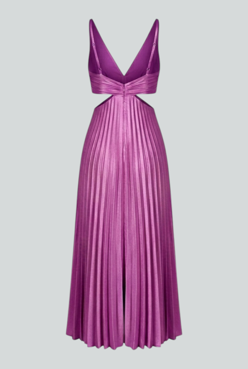 Elegant purple pleated wedding guest dress by Lumina Wear, featuring a fluid drape and sophisticated design.