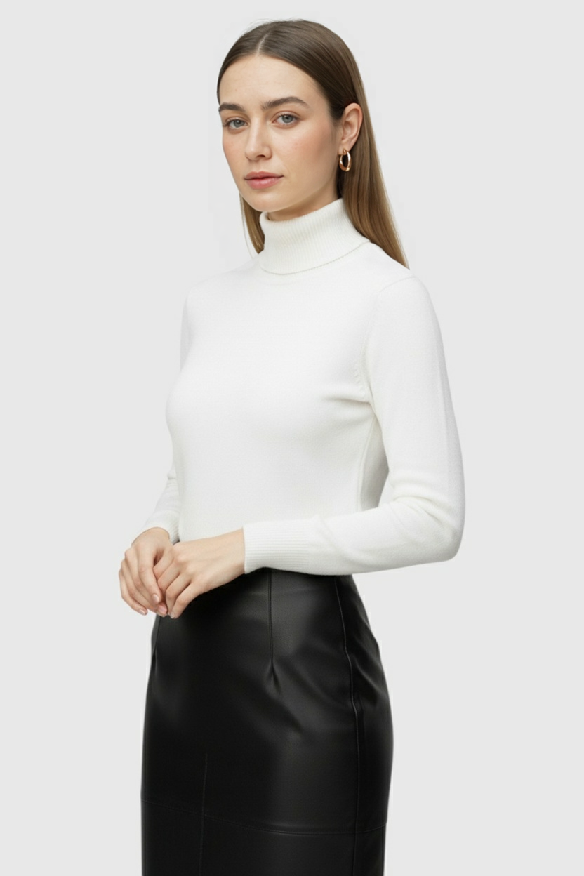 Elegant white turtleneck sweater by Lumina Wear featuring a slim fit and classic design, displayed on a neutral background.