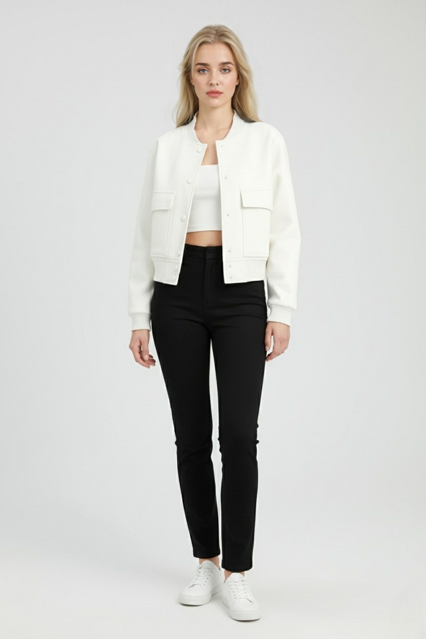 Elegant white bomber jacket from Lumina Wear featuring timeless design, shown on a model with stylish details and a modern fit.