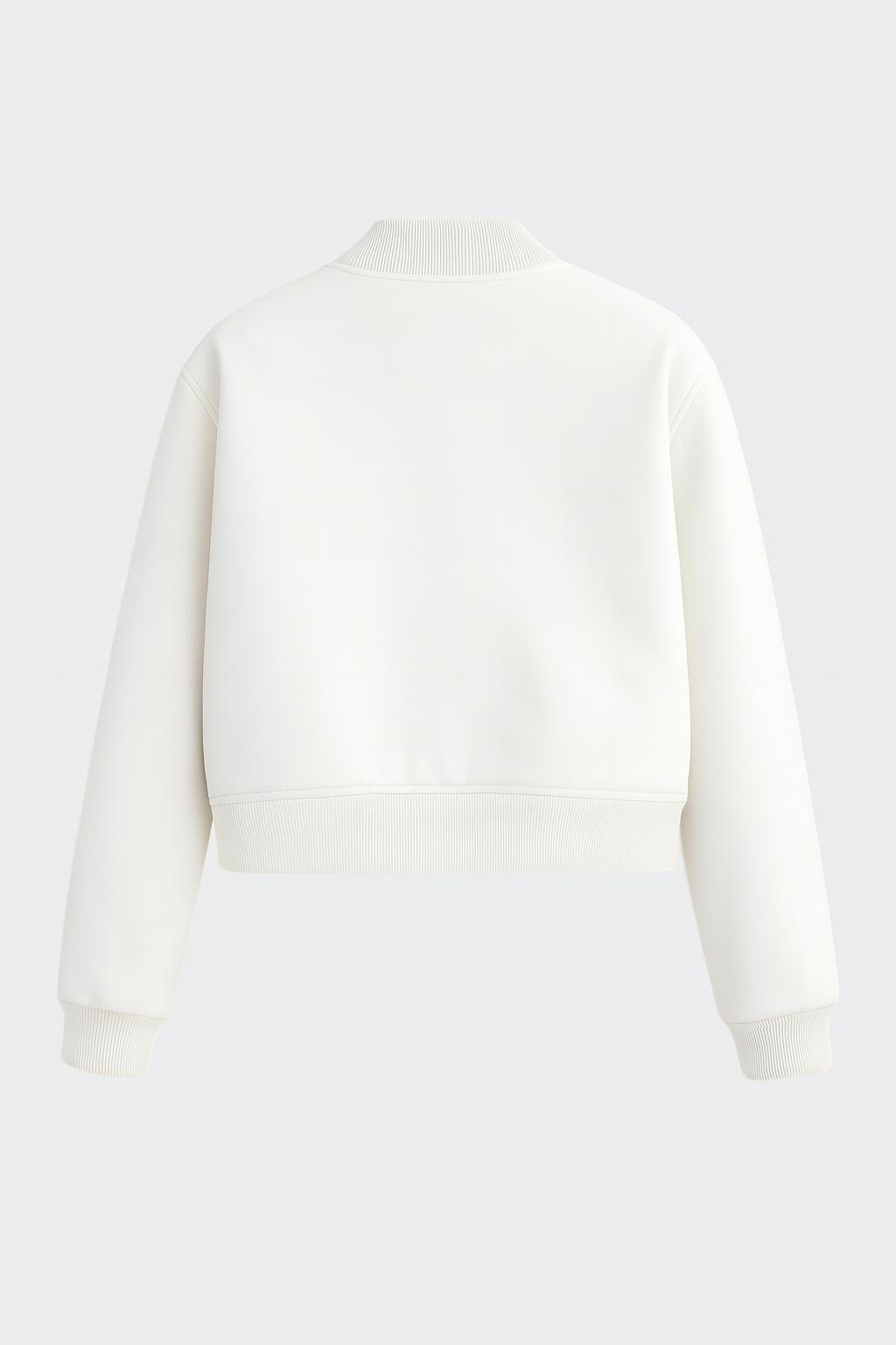 Elegant white bomber jacket by Lumina Wear featuring a timeless design, showcased on a model wearing the Isabella style.