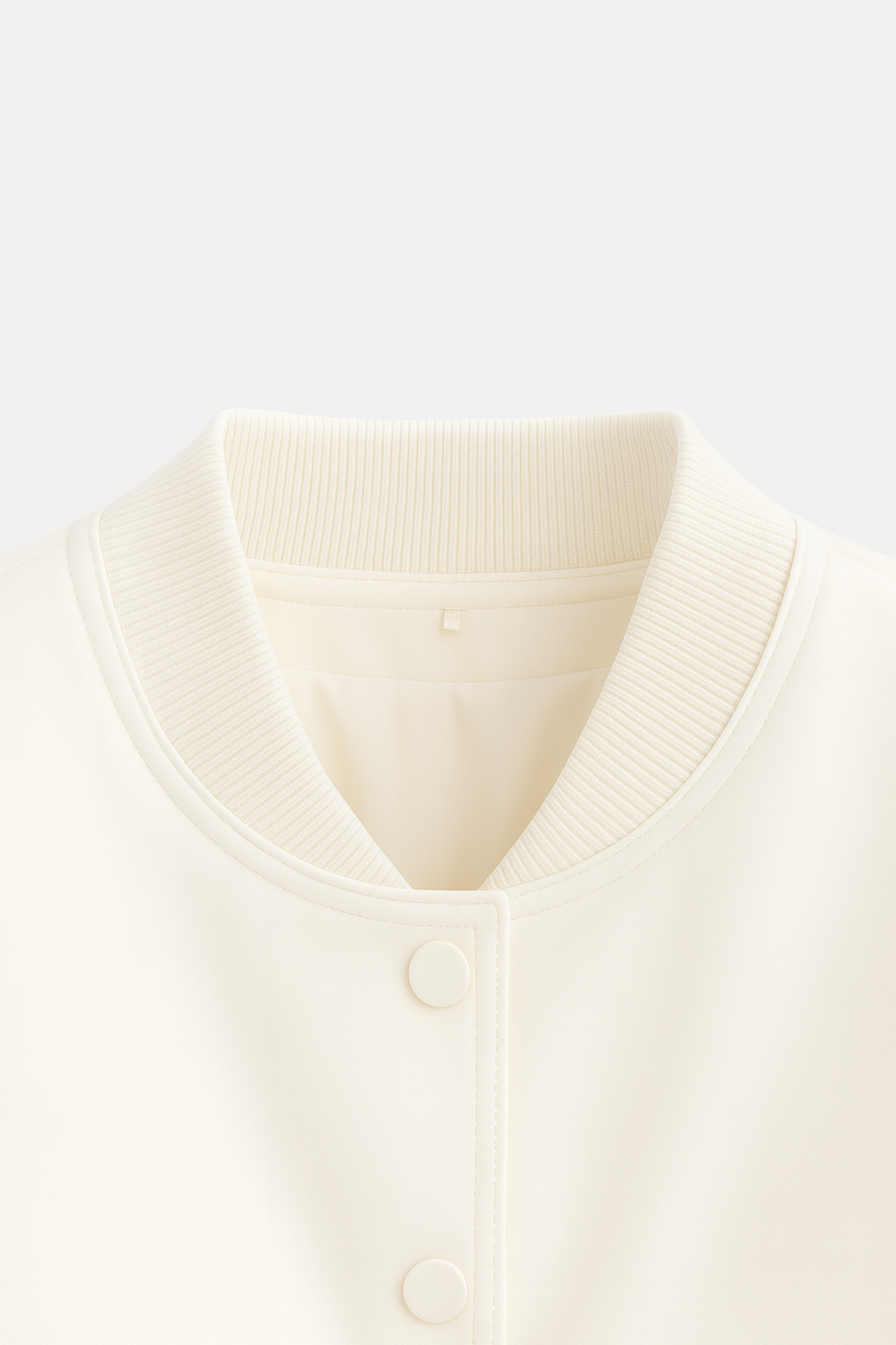 Isabella white bomber jacket by Lumina Wear featuring a sleek, elegant design and classic style, displayed on a hanger.