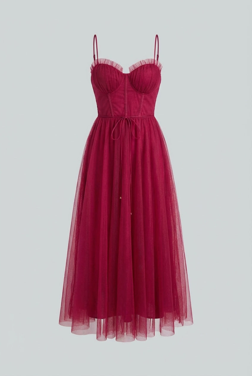 Elegant wine red midi dress by Lumina Wear, featuring a versatile cut and feminine silhouette for women.