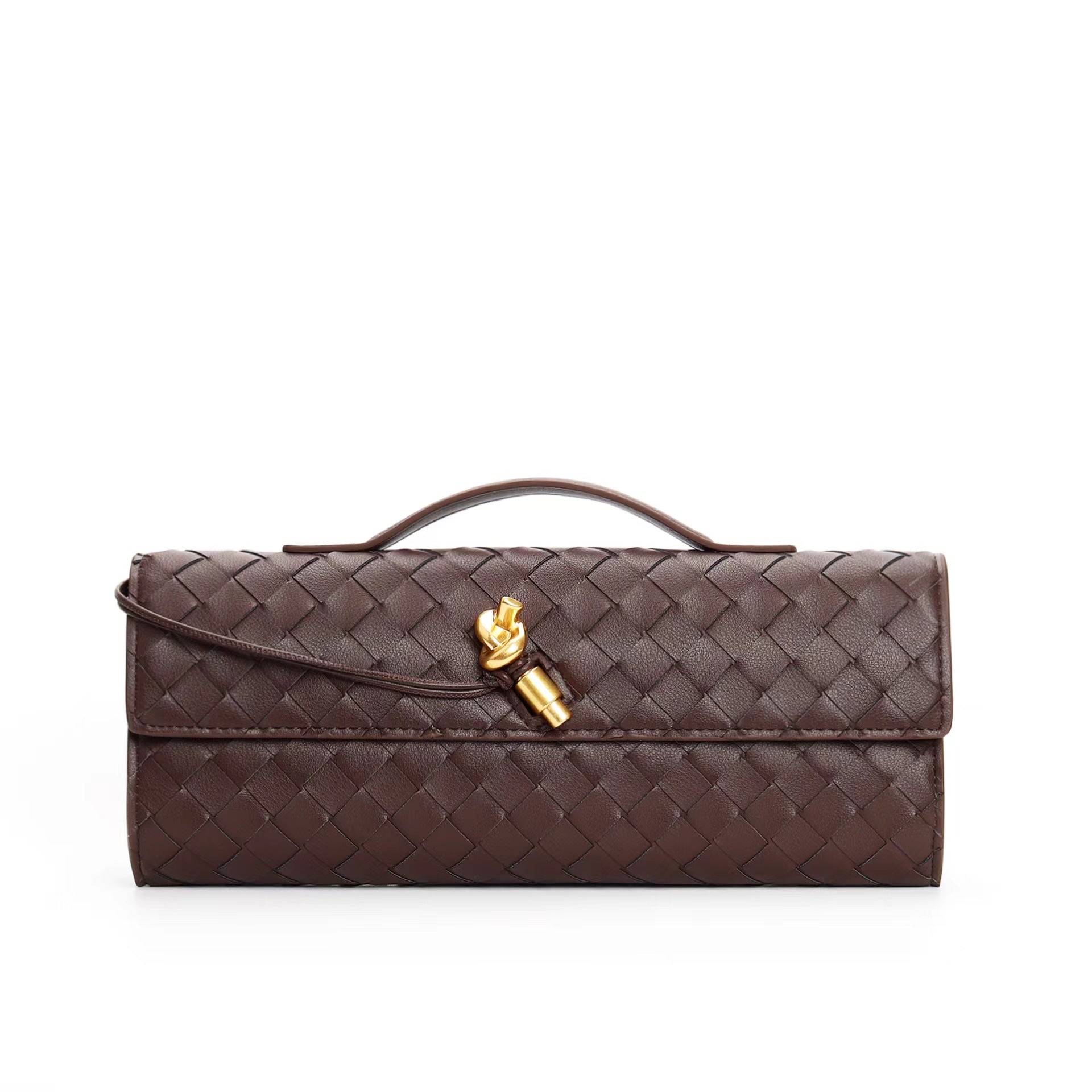 Elegant woven brown Lumina handbag with adjustable strap, featuring a stylish design and spacious interior.