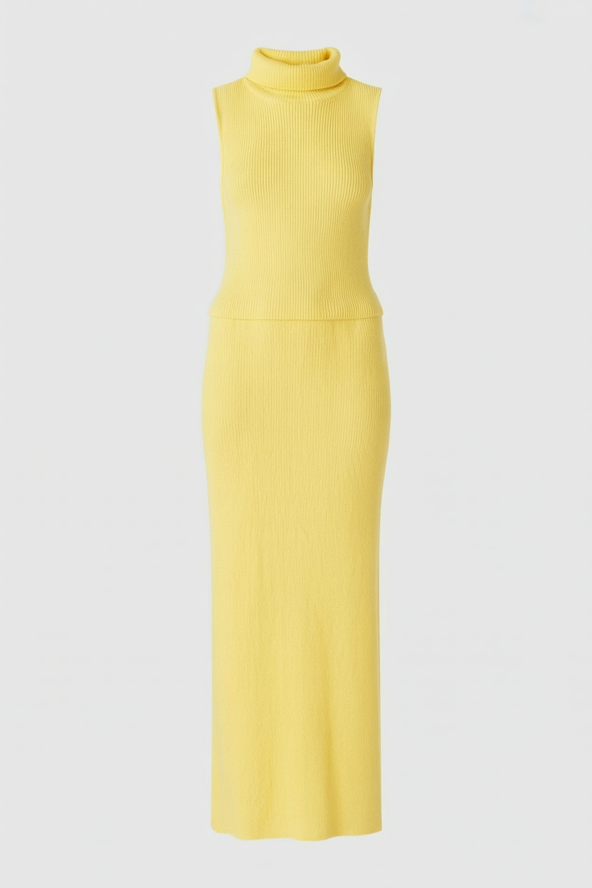 Yellow knit skirt and top set for women by Lumina Wear, featuring an elegant, flattering fit and stylish design.
