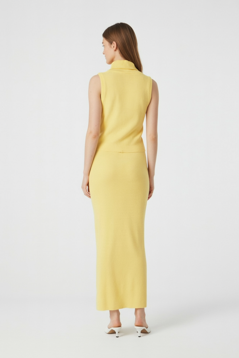 Isabella yellow knit skirt and top set for women by Lumina Wear, featuring an elegant, flattering fit and stylish knit design.