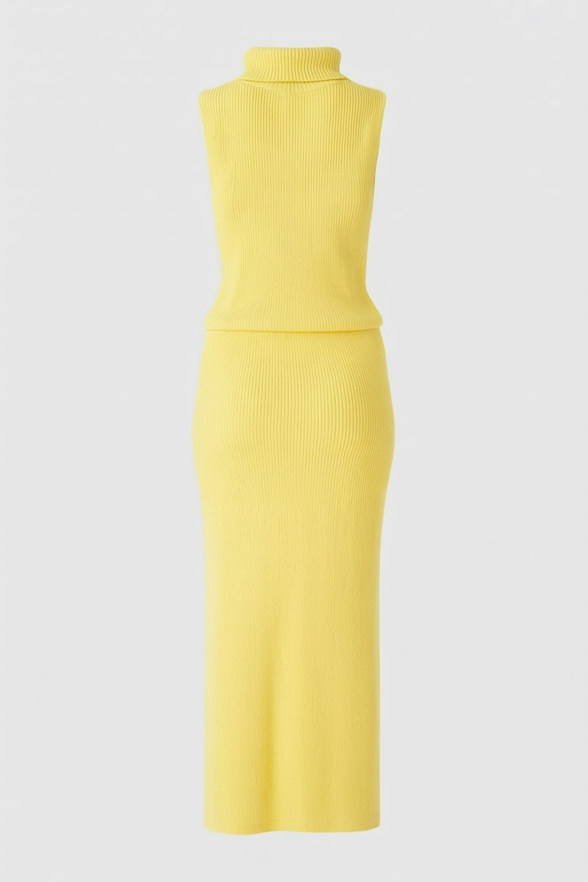 Elegant yellow knit skirt and top set for women by Lumina Wear, featuring a flattering fit in a stylish, coordinated design.