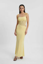 Elegant yellow lace summer dress for women by Lumina Wear, featuring a versatile fit and stylish design.