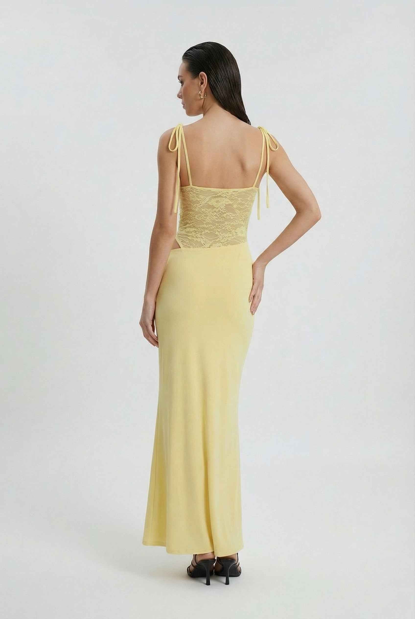 Elegant yellow lace summer dress by Lumina Wear, featuring a versatile fit and stylish design for women's fashion.