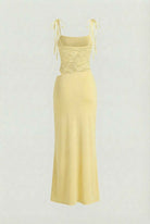 Elegant yellow lace summer dress for women by Lumina Wear, featuring a versatile fit and intricate lace details.