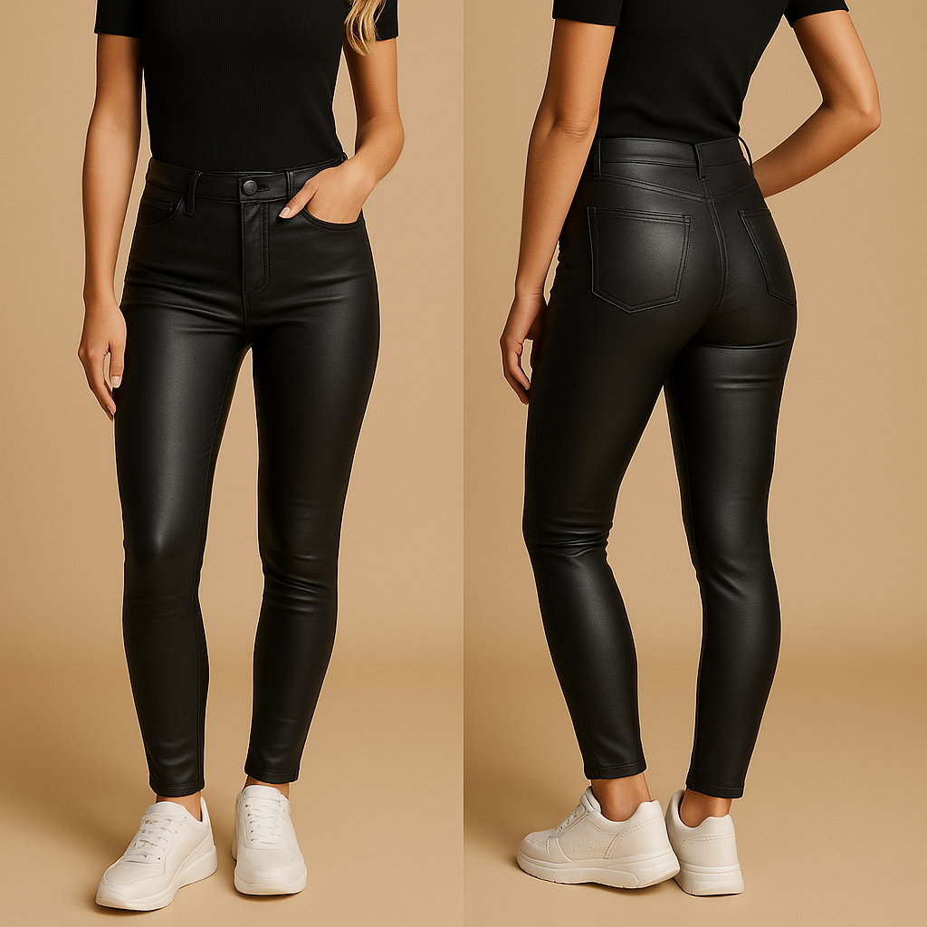 Black Isabella Lumina Wear high-waisted stretch slim-fit trousers displayed on a model, showcasing a sleek, tailored look.