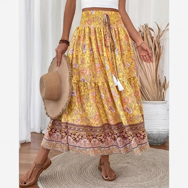 Green Isabella lightweight floral maxi skirt by Lumina Wear with layered design, perfect for a flowing, stylish look.
