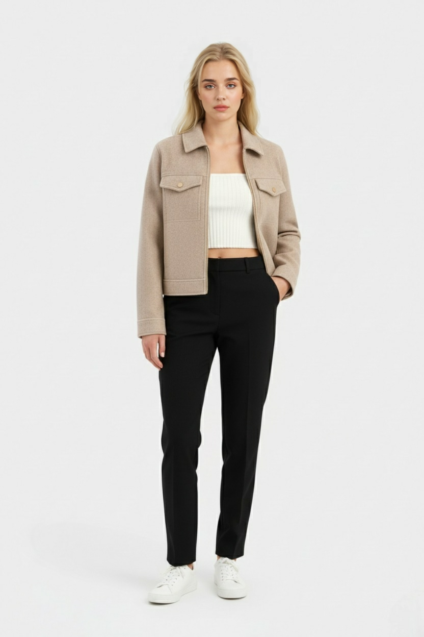 Beige Isabella Lumina Wear modern cropped zip-up jacket with pockets, stylish and casual outerwear for women.