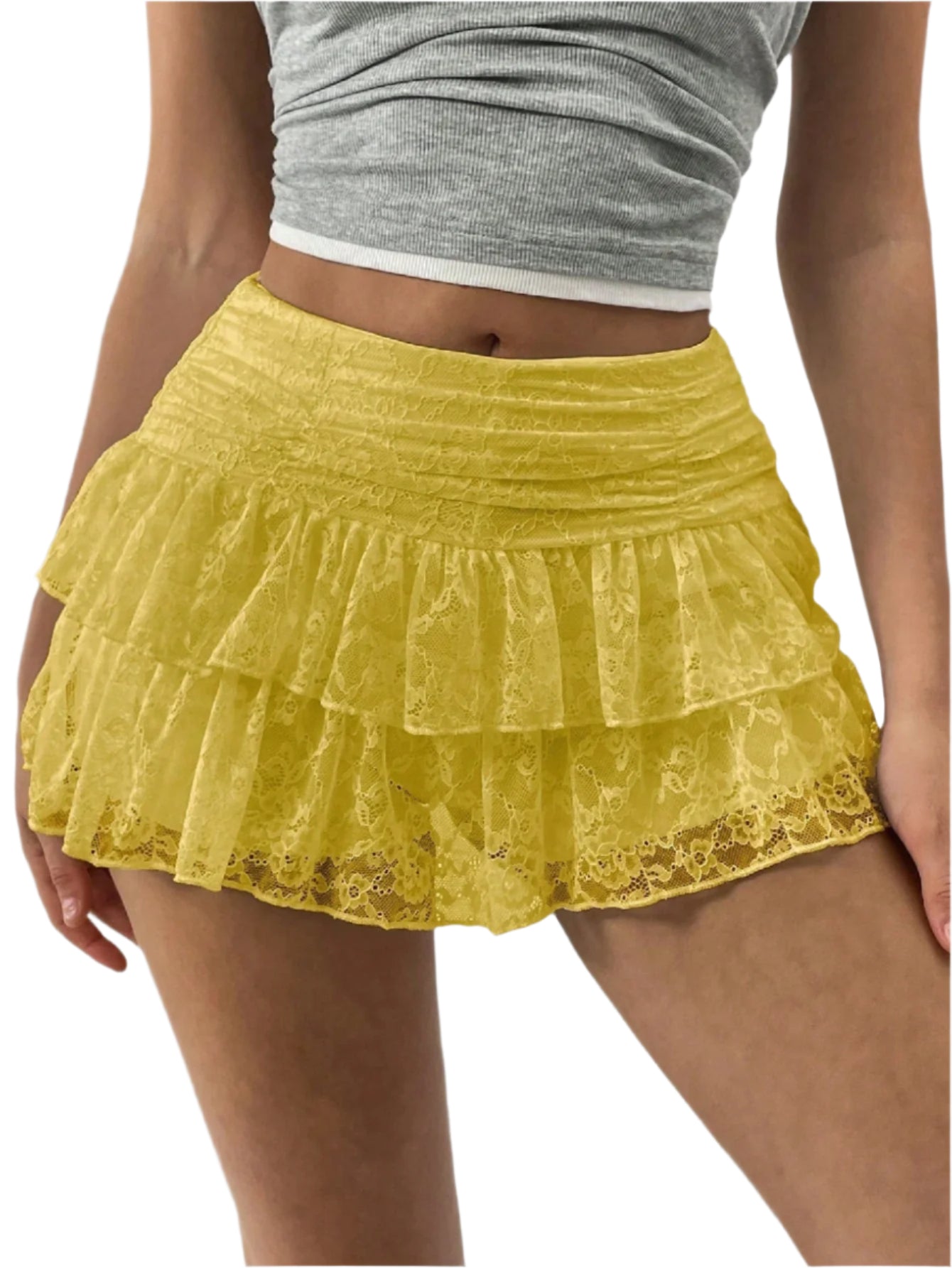 White ruffled mini skirt with a wide waistband from Lumina Wear, styled for a playful, flirty look.