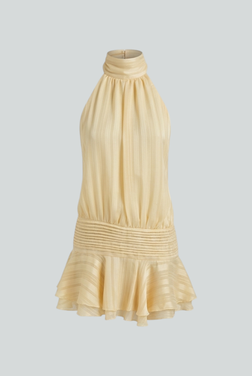 Isabella Lumina yellow mini dress with playful design, feminine fit, casual style, shown on a model.