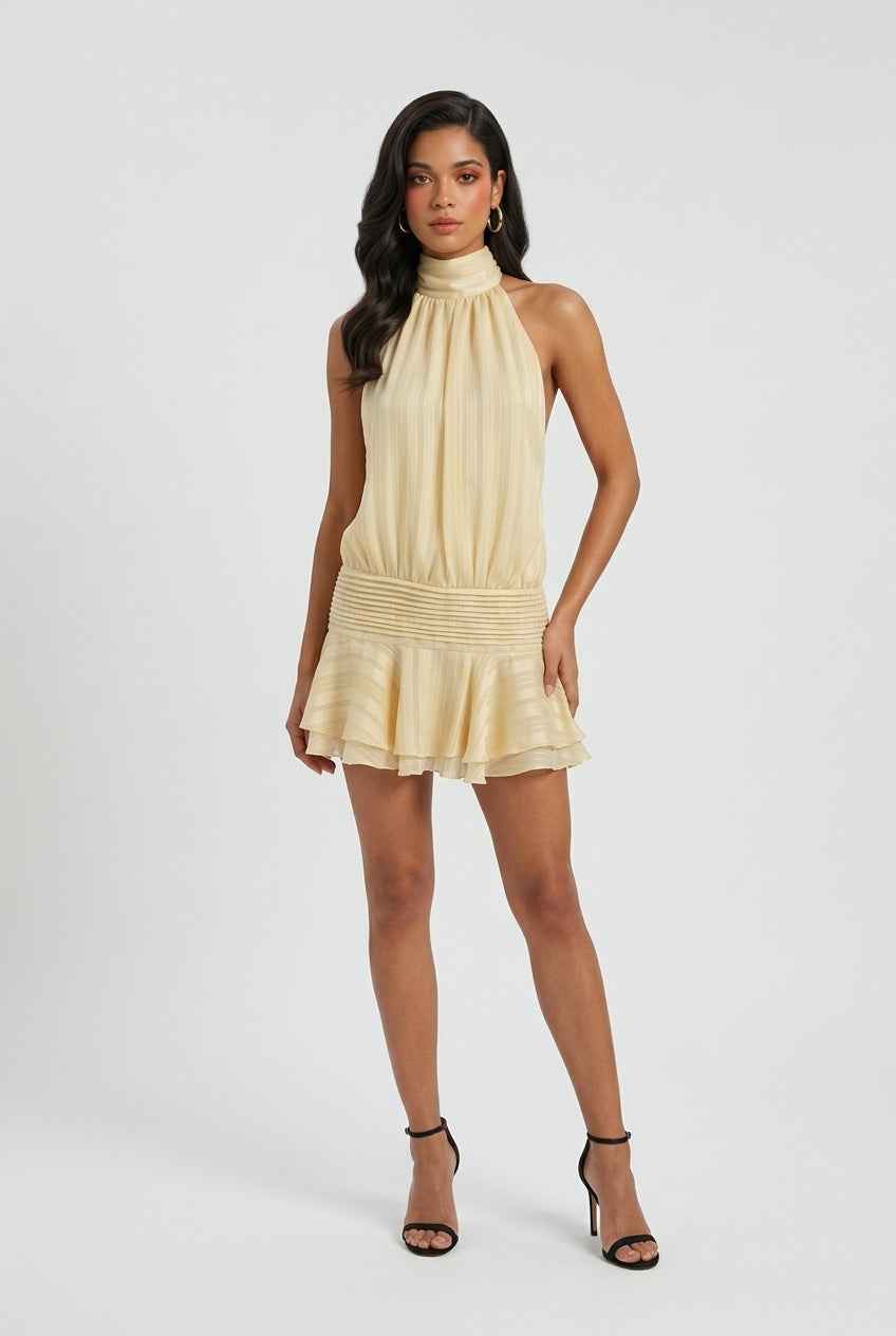 Isabella Lumina yellow mini dress with playful fit, casual style, and feminine silhouette, displayed on a hanger.