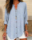 Light blue Isabella Lumina Wear relaxed striped blouse with button front, casual fit, and long sleeves.