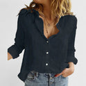 Black Isabella Lumina relaxed V-neck blouse with button front, shown on a model, featuring a stylish, casual fit.