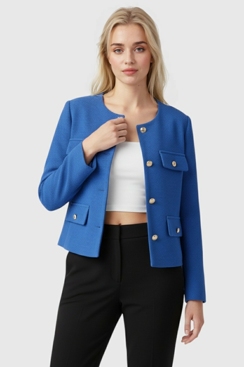 Blue Isabella winter jacket by Lumina Wear, stylish and versatile design, shown with front view and cozy winter fabric.