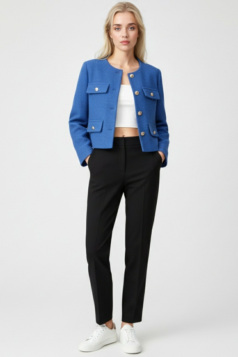 Blue winter jacket by Lumina Wear, Isabella style, featuring versatile design and warm, stylish outerwear for cold weather.
