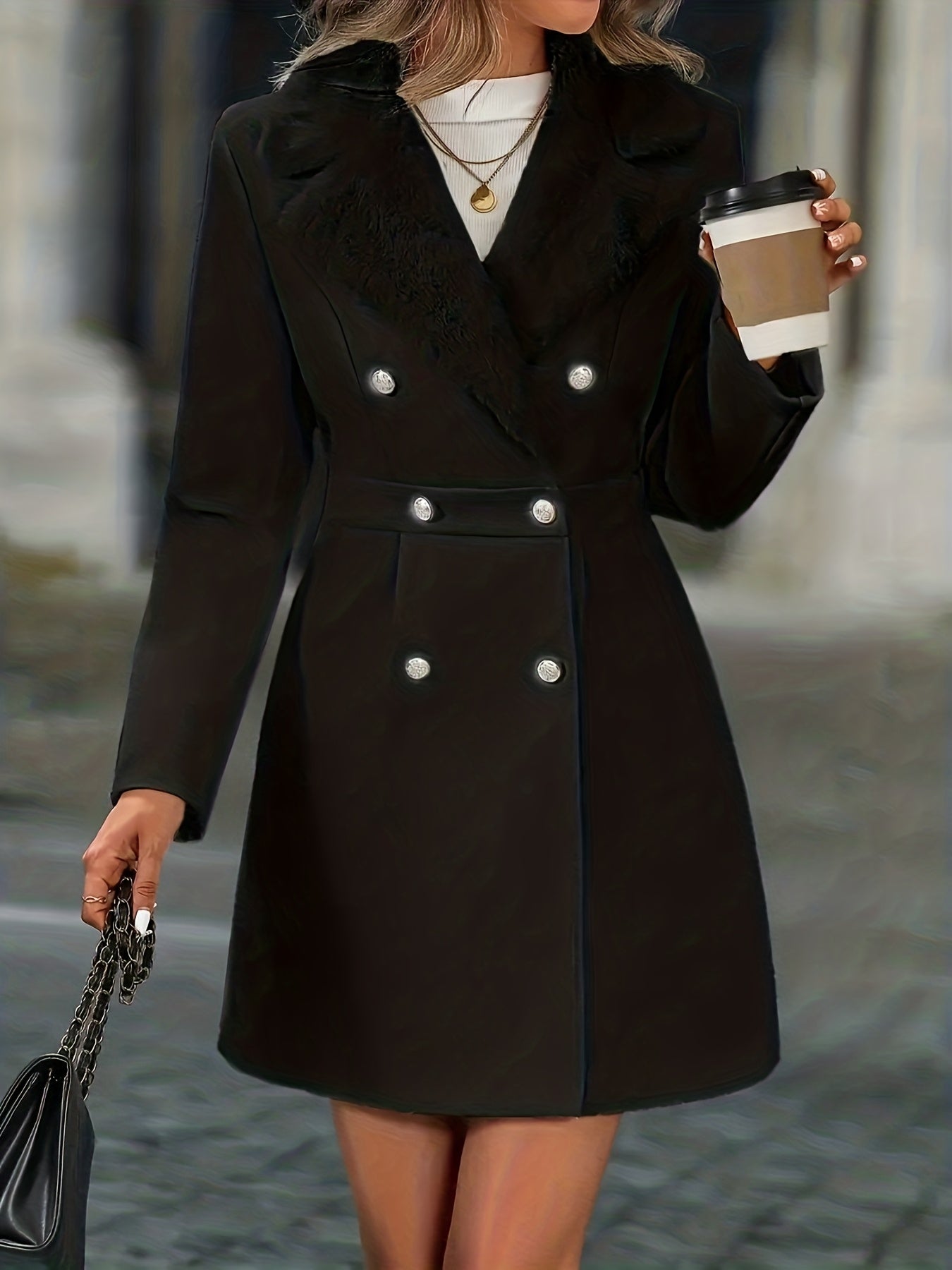 White Isabella tailored A-line coat with classic lapels by Lumina Wear, shown on a woman in size XXS, stylish women's jacket.