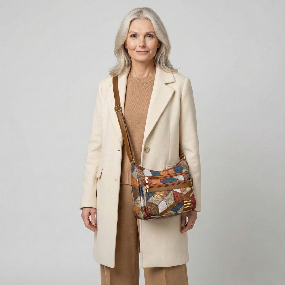Isabella textured patchwork shoulder bag by Lumina Wear with faux-leather accents, featuring a stylish and versatile handbag design.