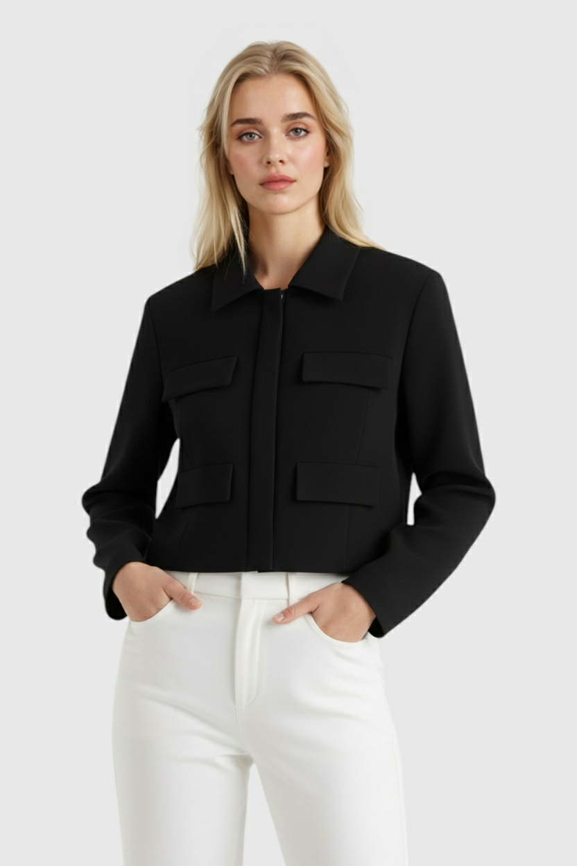 Black Isabella cropped jacket by Lumina Wear, women's tailored-fit jacket with trendy style, shown on a model.