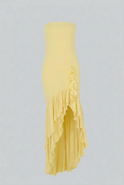 Bright yellow Isabella off-shoulder dress with ruffle details by Lumina Wear, perfect for stylish summer occasions.