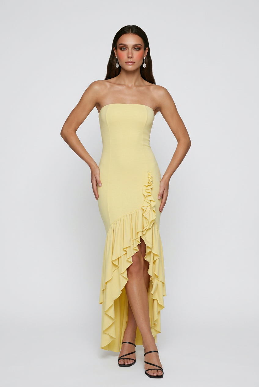 Bright yellow Isabella off-shoulder dress with ruffle details from Lumina Wear, perfect for stylish women’s summer occasions.