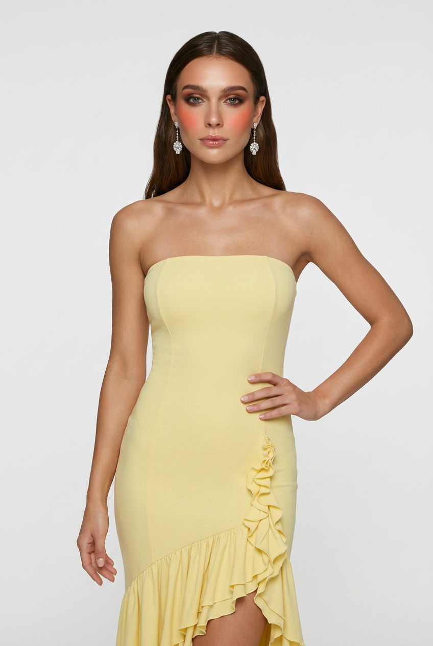 Yellow Isabella off-shoulder dress with ruffle detail, designed for women by Lumina Wear, shown on a model.