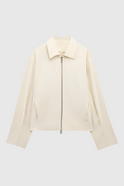 Vibrant ivory casual bomber jacket with zipper from Lumina Wear, featuring a stylish and comfortable design.