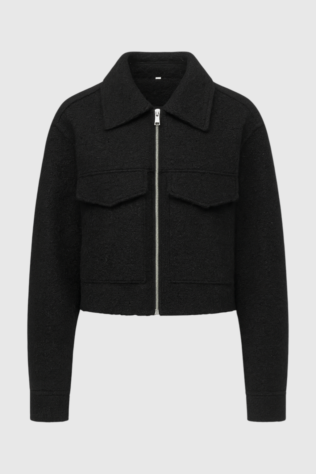 Vintage black zip jacket with lapel collar from Lumina Wear's Isabella collection, stylish jacket for a sleek look.