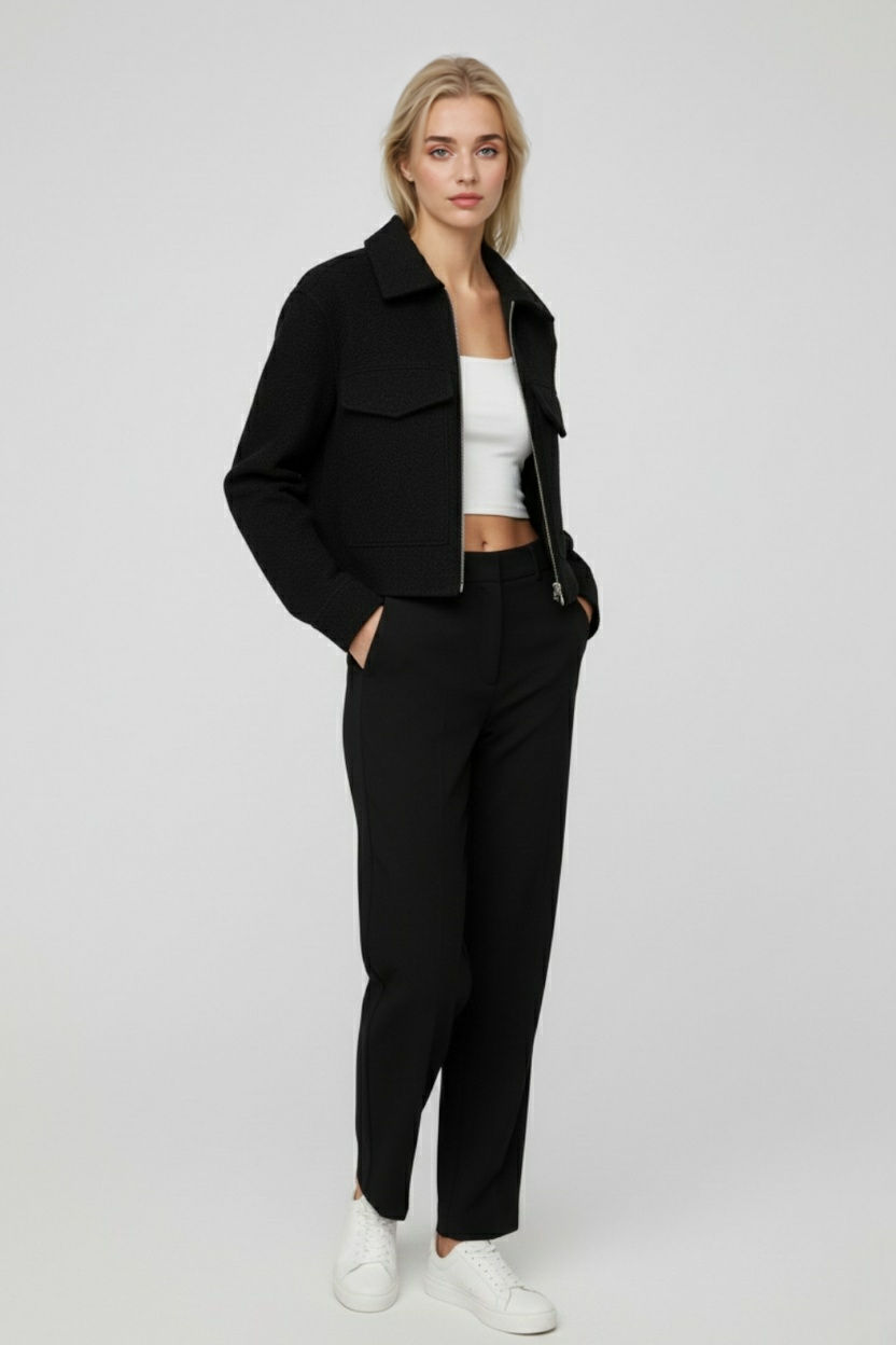 Vintage black zip jacket with lapel collar by Lumina Wear, featuring a classic style and sleek design.