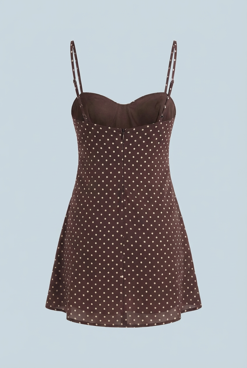 Isabella vintage polka dot mini dress with ruffled hem by Lumina Wear, chocolate color, XS size, stylish and playful dress.