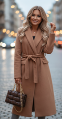 Isabelle Lumina Wear belted long camel wrap coat displayed on a hanger with detailed fabric texture and classic collar.