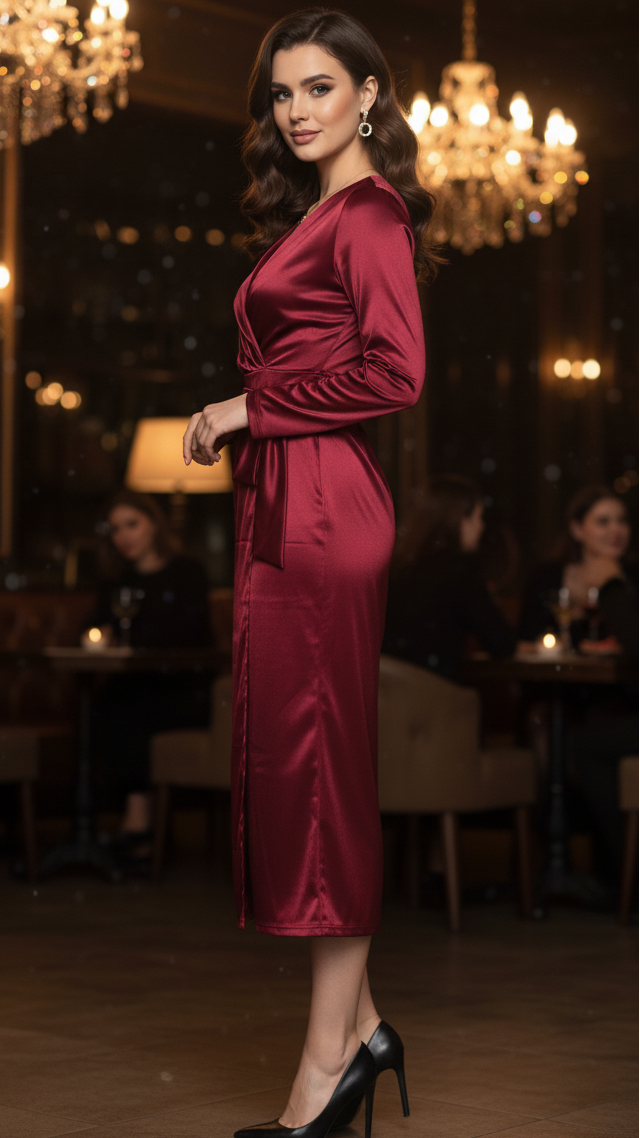 Isabelle Burgundy Wrap Maxi Dress by Lumina Vancouver, featuring a stylish wrap design and elegant length in rich burgundy color.