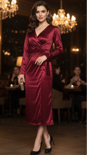 Isabelle Burgundy Wrap Maxi Dress by Lumina Wear, featuring a stylish wrap design, long sleeves, and flowing fabric, displayed on a model.