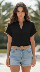 Pink Isabelle button-front blouse by Lumina Vancouver, featuring a classic fit and stylish design, worn by a model.