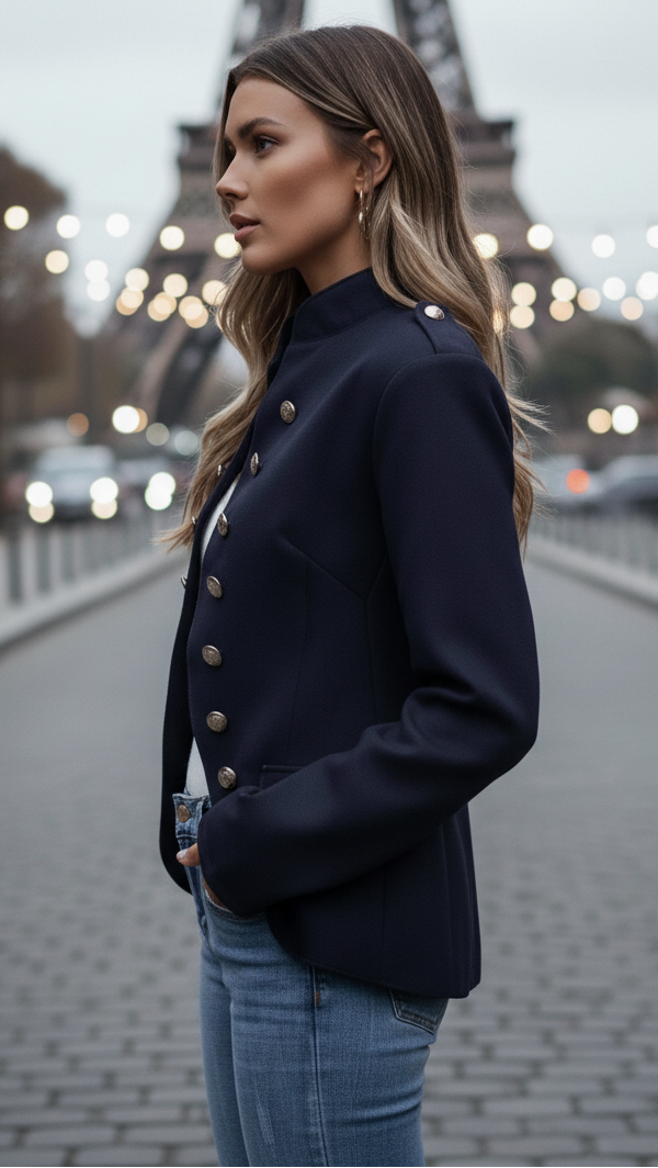 Lumina Vancouver Isabelle casual blazer with gold accents, red fabric, tailored fit, stylish blazer for versatile wear.