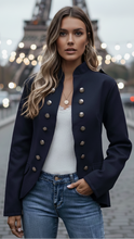 Lumina Wear Isabelle casual blazer with gold accents, red fabric, tailored fit, front buttons, stylish for smart-casual outfits.